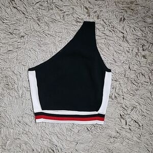 Brooklyn Karma Knit Crop Top One Shoulder Cut Out Size Large L Black White Red